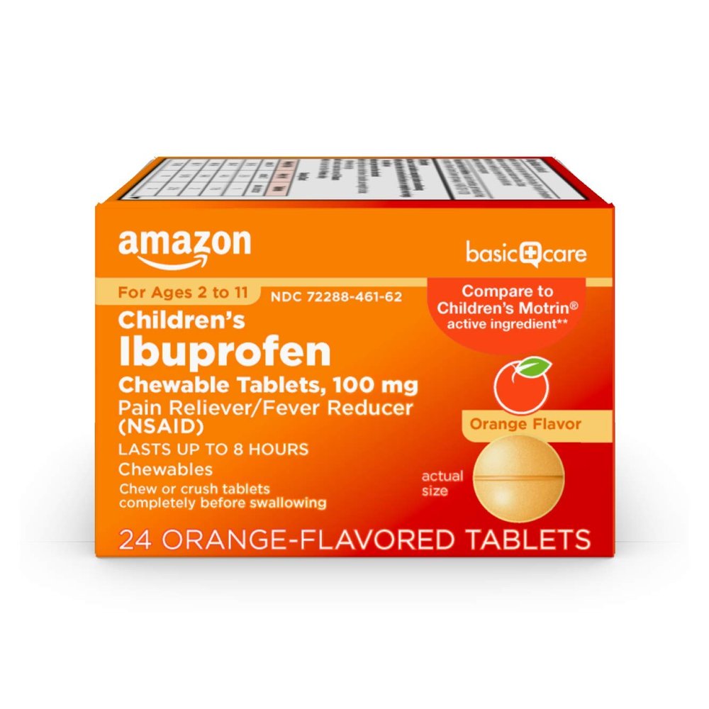 Amazon Basic Care Children's Ibuprofen Chewable Tablets, 100 mg, Pain Reliever and Fever Reducer, Orange Flavor, For Aches, Pains, Sore Throat, Toothache and Headache Relief, 24 Count