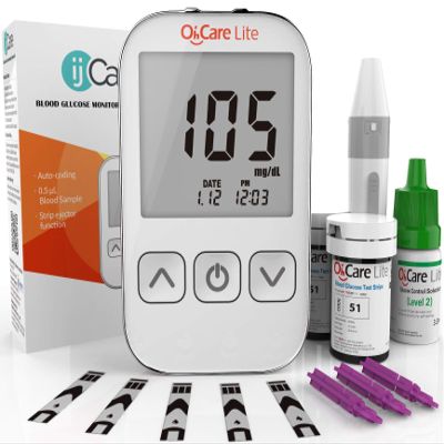 OhCare Lite Blood Sugar Test Kit  Blood Glucose Meter with Strips and Lancets, Lancing Device, Log, and Case - One Touch Eject Glucometer (110 Strips, 125 Lancets, & Control Solution)