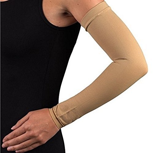Truform-OTC Compression Arm Sleeve with Gauntlet, Lymphedema Post-Op Support, Small (No Thumb Hole), Beige