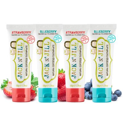 Jack N' Jill Natural Toothpaste for Baby and Infants - Fluoride Free Training Toothpaste, 40% Xylitol, BPA Free - Strawberry & Blueberry, 1.76 oz (Pack of 4)
