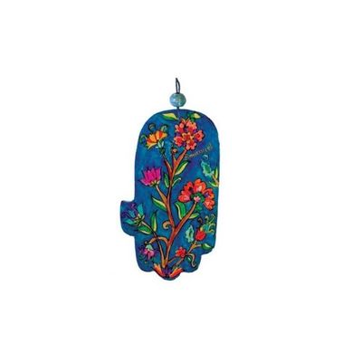 World Of Judaica Yair Emanuel Blue Wood Painted Hamsa with Flowers Design Large