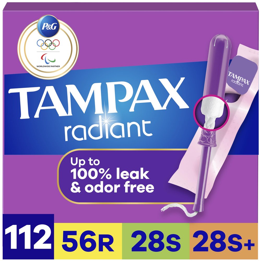 Tampax Radiant Tampons for Women Multipack, with LeakGuard Braid, Regular/Super/Super Plus Absorbency, Unscented, 112 Count (4 Packs of 28)