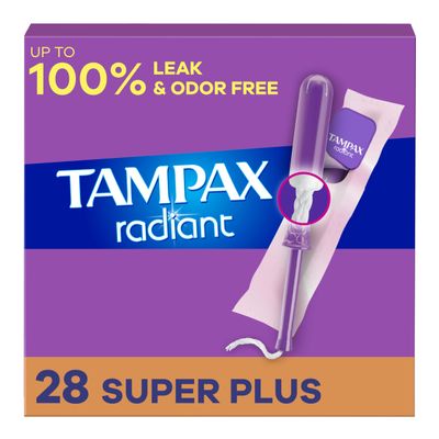 Tampax Radiant Tampons with LeakGuard Braid, Super Plus Absorbency, Unscented, 28 Count x 3 Pack (84 Count Total)