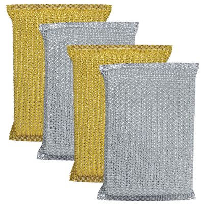 LOLA Wonder Non-Scratch Scouring Pad, 4 Pack, Large Knitted Flat Wire Cloth Fibers w/Foam Sponge Core, Assorted Colors (Gold or Silver)