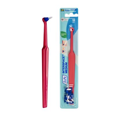 TePe Interspace Angled Medium Toothbrush for Braces with Single-End Tuft and Removable Head, 12 Pack