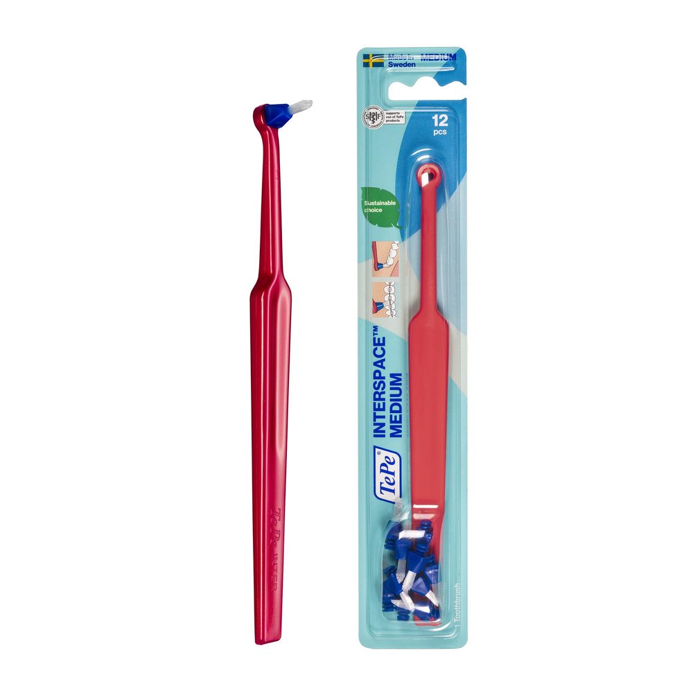 TePe Interspace Angled Medium Toothbrush for Braces with Single-End Tuft and Removable Head, 12 Pack