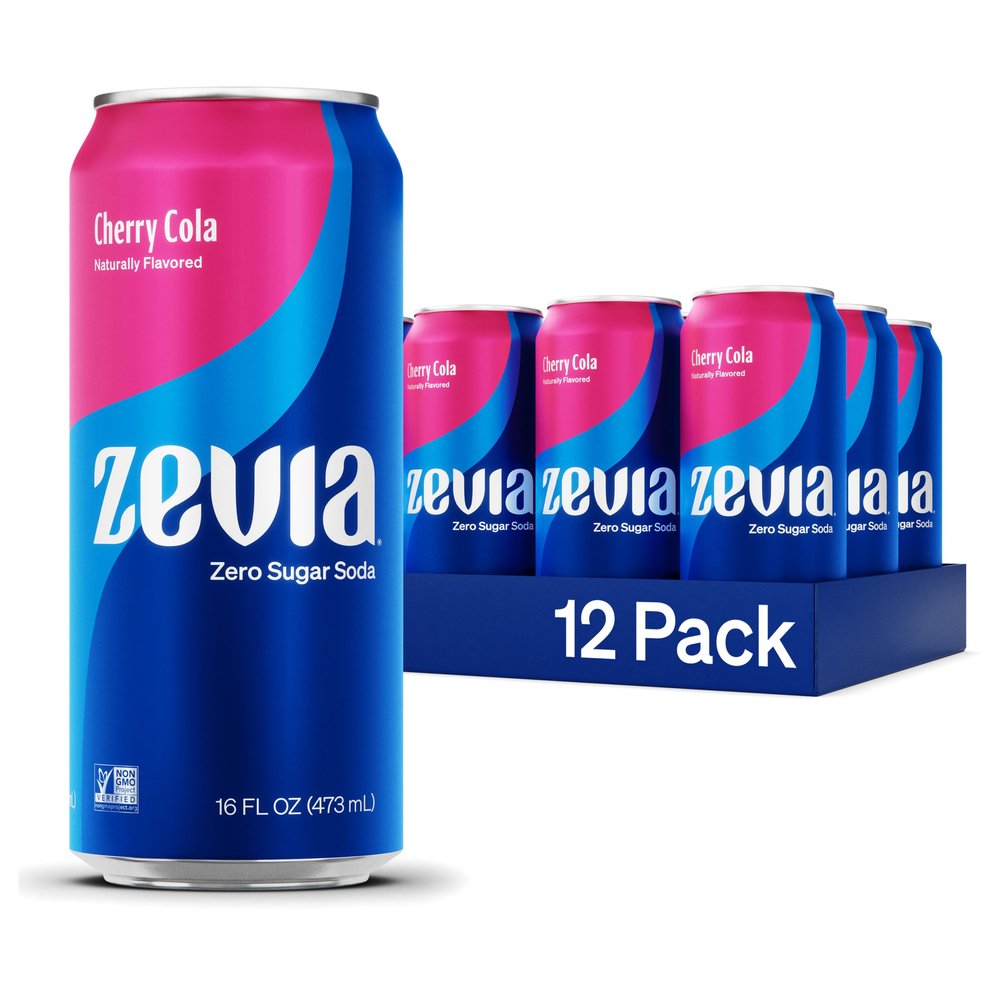 Zevia Zero Sugar Soda, Cherry Cola, 16 oz Cans (12-Pack) Naturally Sweetened, Zero Calorie Sugar Free Soda - Non-GMO Project Verified, Gluten-Free, Vegan