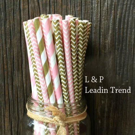 100 pcs Gold and Pink Stripe, Chevron, Paper Straws Wedding Baby Shower and Birthday