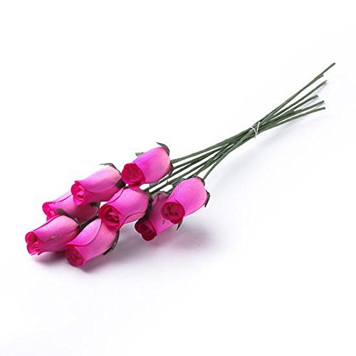 Realistic Bouquet of 8 Wire Stem Pink with Hot Pink Tips Roses in Cellophane Sleeve - So Realistic It is Hard to Believe They are Made from Thin Shaved Wood!