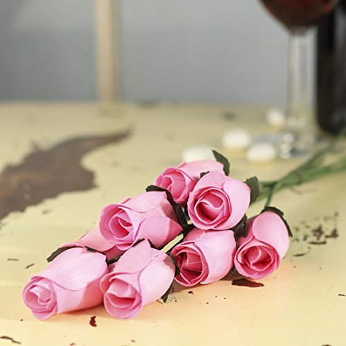 Realistic Bouquet of 8 Wire Stem Pink Roses in Cellophane Sleeve - So Realistic It is Hard to Believe They are Made from Thin Shaved Wood!