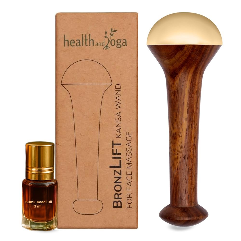 HealthAndYoga BronzLift Kansa Face Massager and Kumkumadi Face Oil Trial Vial - Kansa Wand Ayurveda Benefits of Bronze - Skin Lustre (Single Dome)
