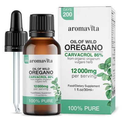 AROMAVITA Wild Oregano Oil Organic - 100% Pure Undiluted Organic Wild Oregano Oil with 86-90% Carvacrol, Immune Support - Plant-Based, Herbal Supplement - Vegan, Non GMO, Gluten Free, 1fl.oz/30ml