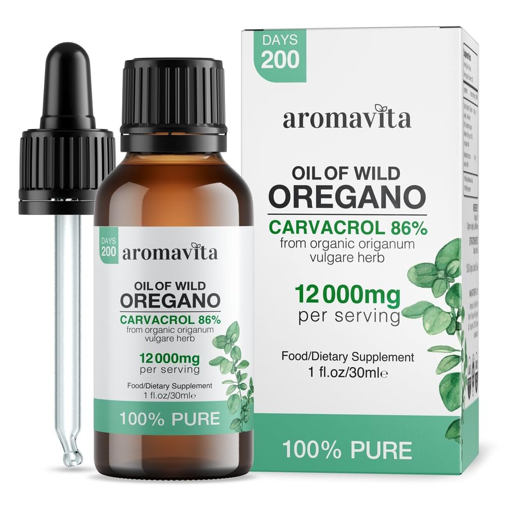 AROMAVITA Wild Oregano Oil Organic - 100% Pure Undiluted Organic Wild Oregano Oil with 86-90% Carvacrol, Immune Support - Plant-Based, Herbal Supplement - Vegan, Non GMO, Gluten Free, 1fl.oz/30ml
