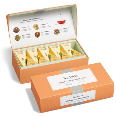 Tea Forte Premium Petite Presentation Box Gift Set Sampler, 10 Count, 2 of Each Blend Individually Wrapped Handcrafted Pyramid Infuser Bags, Herbal Tea