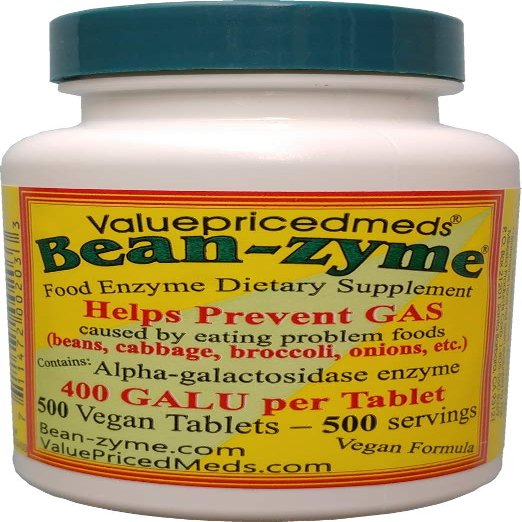 ValuePricedMeds Bean-Zyme Gas Relief for Adults Extra Strength (500 ct) is 400 GAUL per Tablet Alpha Galactosidase, Vegan, Cost Less, Digestive Enzyme Dietary Supplement Natural Food Enzyme