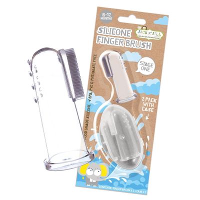 Jack N' Jill Stage 1 Silicone Finger Toothbrush - Baby Toothbrush 6 to 12 Months, Baby Oral Cleaner, Travel Size - Two Brushes Plus Case, (Pack of 1)