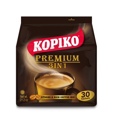 KOPIKO Premium 3 in 1 Instant Coffee Mix Authentic Indonesian Volcanic Coffee, Strong Yet Smooth, Pre-Mixed with Creamer & Sugar (21.2 OZ in 30 Coffee Sachets)