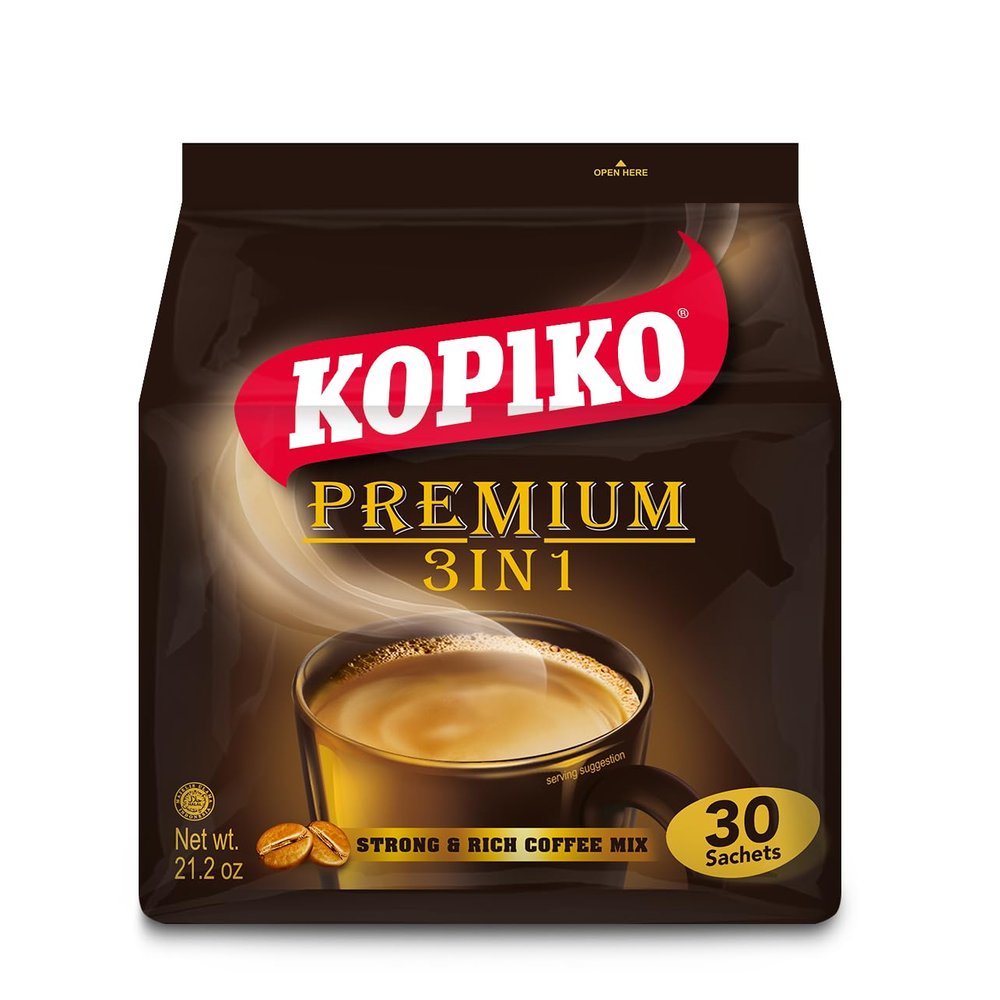 KOPIKO Premium 3 in 1 Instant Coffee Mix  Authentic Indonesian Volcanic Coffee, Strong Yet Smooth, Pre-Mixed with Creamer & Sugar (21.2 OZ in 30 Coffee Sachets)