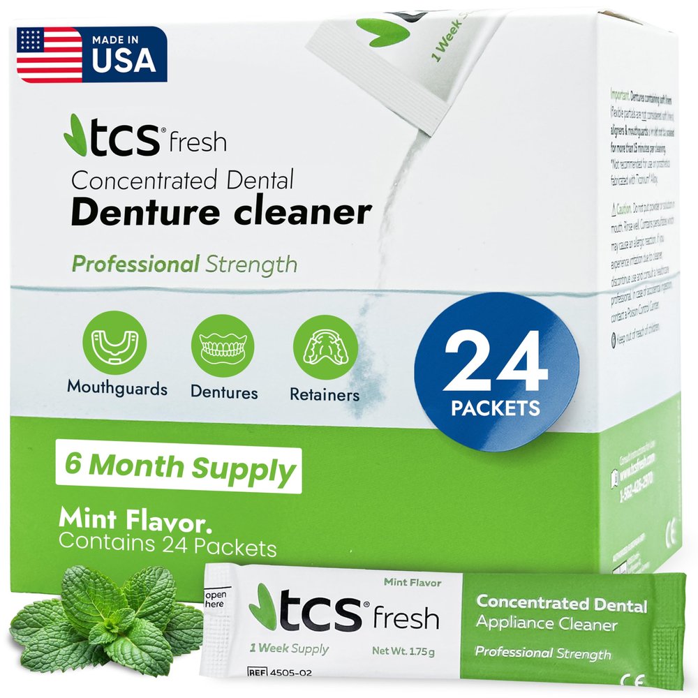 TCS Fresh Denture Cleaner  Professional Strength Concentrated Cleanser Mint Powder for Dental Cleaning  For Dentures, Night Guards, Aligners & Retainer Cleaner  24 Packets (6 Month Supply)