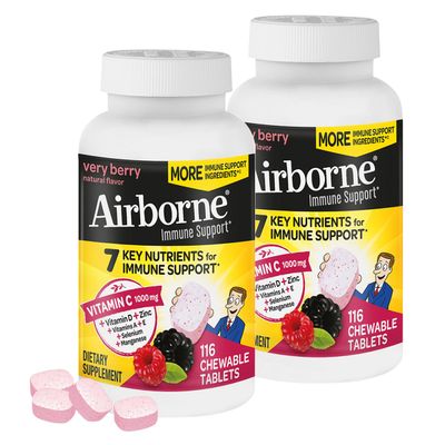 Airborne 1000mg Vitamin C + Zinc Immune Support Supplement Chewable Tablets, Very Berry Flavor with Powerful Antioxidants Vitamins A C & E, 116 Chewable Tablets (2 Pack)