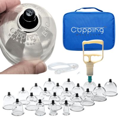Cupping Warehouse Professional Vacuum Cupping Gun Massage Set 20 Polycarbonate Cups for Muscle Recovery, Myofascial Release, Cellulite Massage & Pain Relief, with Extension Tube for Solo Use