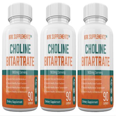 3 Bottles Choline Bitartrate 900mg Per Serving 270 Total Capsules KRK Supplements