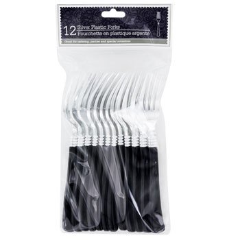 (2 Pack) Silver Plastic Forks with Black Handles, 12-ct. Packs