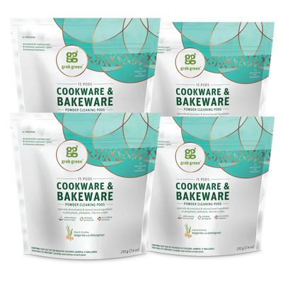 Grab Green Cookware and Bakeware Cleaner Pods, 4 Bags of 15 Pods, Tangerine Lemongrass Scent, Plant and Mineral Based, Removes Burnt-On Food, Eliminates Grit and Grime, No Scrubbing Necessary
