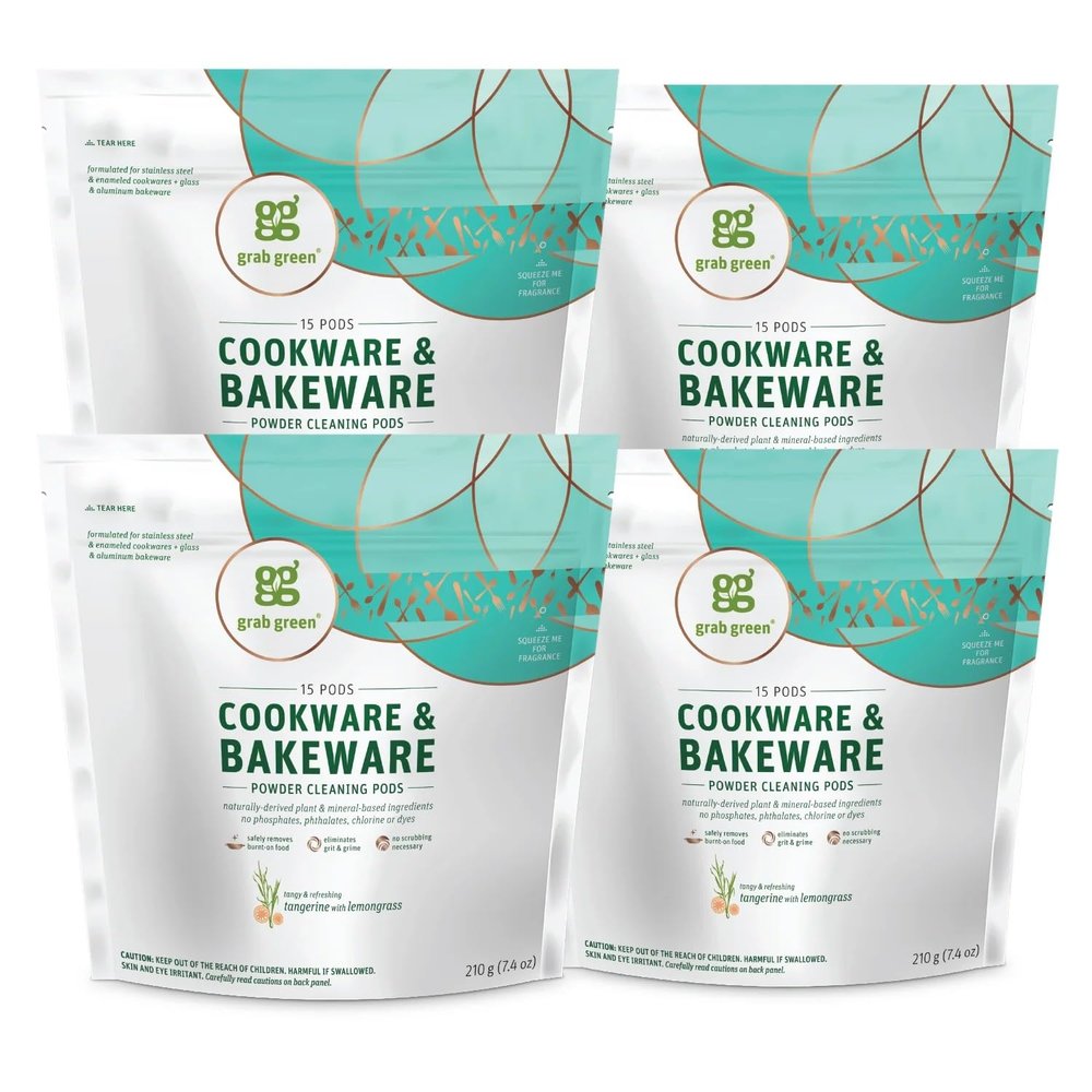 Grab Green Cookware and Bakeware Cleaner Pods, 4 Bags of 15 Pods, Tangerine Lemongrass Scent, Plant and Mineral Based, Removes Burnt-On Food, Eliminates Grit and Grime, No Scrubbing Necessary