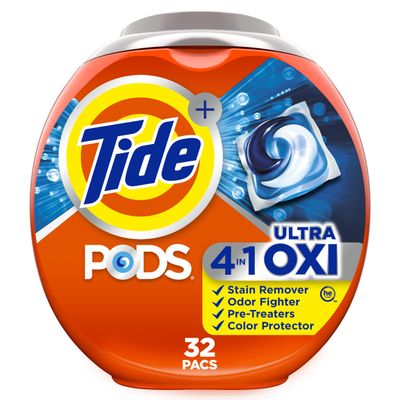 Tide 4-n-1 Ultra Oxi PODS Laundry Detergent Pacs, 32 Count, HE Compatible, Built in Pre-Treater for Stains