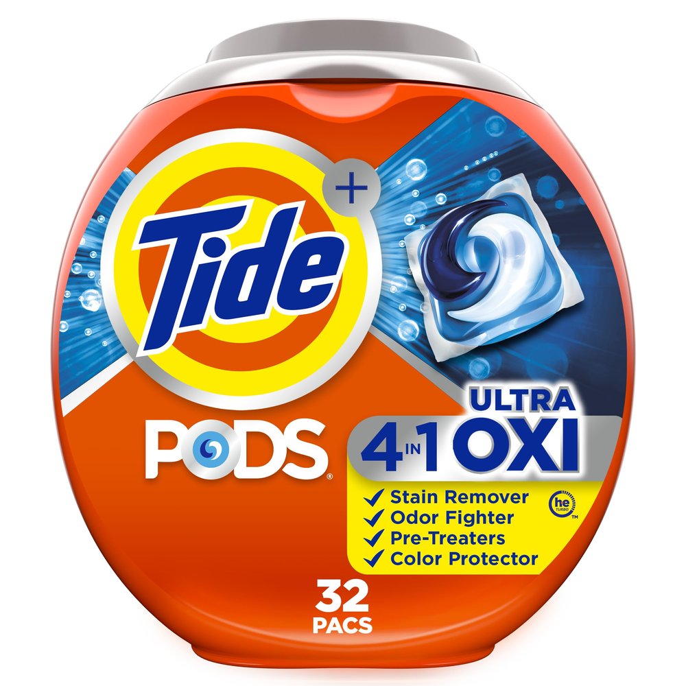 Tide 4-n-1 Ultra Oxi PODS Laundry Detergent Pacs, 32 Count, HE Compatible, Built in Pre-Treater for Stains