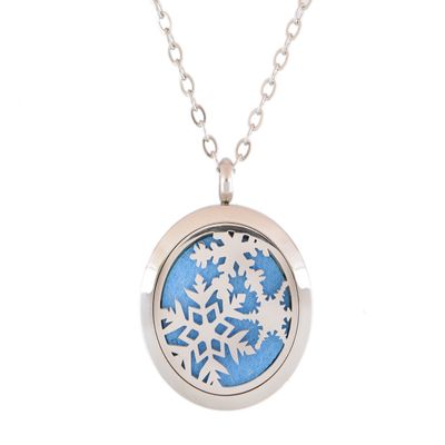 Aromatherapy Essential Oil Diffuser Stainless Steel 30MM Silver Magnetic Locket Pendant with Chain Necklace and Colored Refill Pads & Diffuser Bracelet all in a velvet bag (Snowflake2)