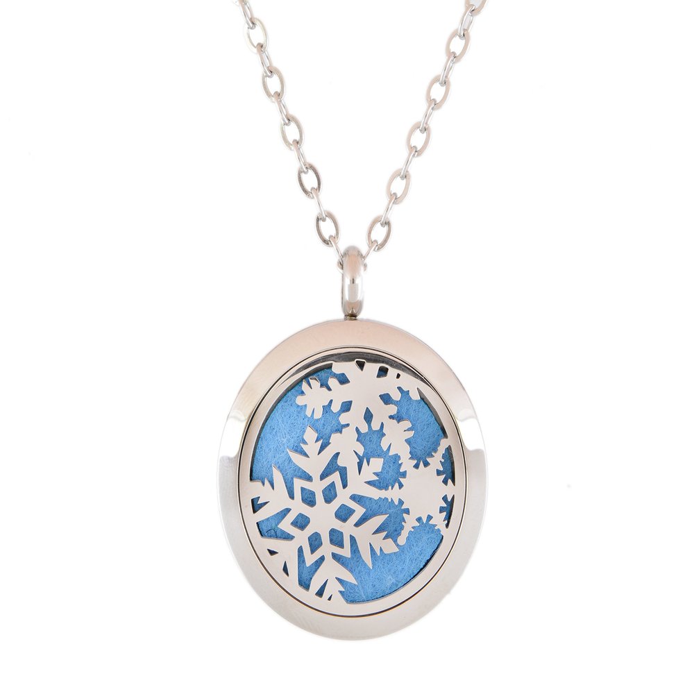 Aromatherapy Essential Oil Diffuser Stainless Steel 30MM Silver Magnetic Locket Pendant with Chain Necklace and Colored Refill Pads & Diffuser Bracelet all in a velvet bag (Snowflake2)
