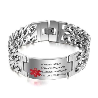 Lam Hub Fong 8.5 Inches Free Engraving Emergency Medical Alert ID Bracelets For Men Titanium Steel Life Medical Alert Bracelets For Adults