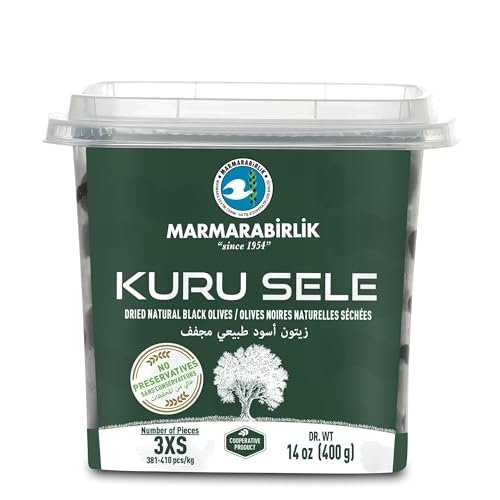 Marmarabirlik Black Olives, Turkish Dry Cured Black Olives, Hand-Picked, Healthy Snacks, Rich Mediterranean Taste, Perfect for Mezze, Bread and Salads, Vegan, Kosher and Halal, Small, 14 Oz (400g)