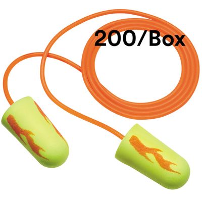 3M Ear Plugs, Pack of 200, E-A-Rsoft Yellow Neon Blasts 311-1252, Corded, Disposable, Foam, NRR 33, Drilling, Grinding, Machining, Sawing, Sanding, Welding, 1/Poly Bag