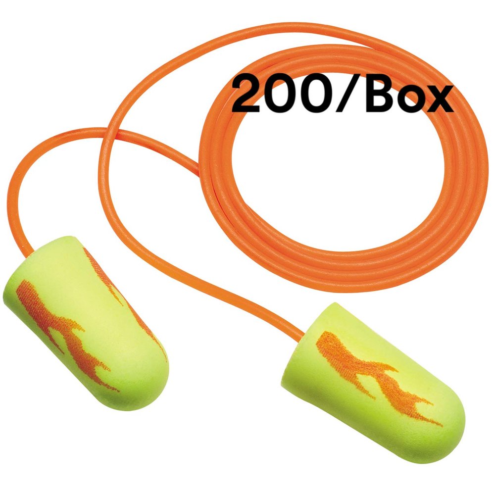 3M Ear Plugs, Pack of 200, E-A-Rsoft Yellow Neon Blasts 311-1252, Corded, Disposable, Foam, NRR 33, Drilling, Grinding, Machining, Sawing, Sanding, Welding, 1/Poly Bag