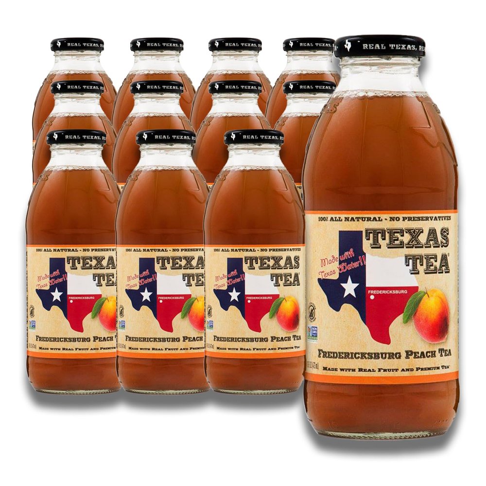 Texas Tea Fredericksburg Peach Tea Organic Black Tea with Real Texas Peaches, Small-Batch Brewed, 12-Pack of 16 FL Oz Glass Bottles, Refreshing Southern Sweet Peach Iced Tea