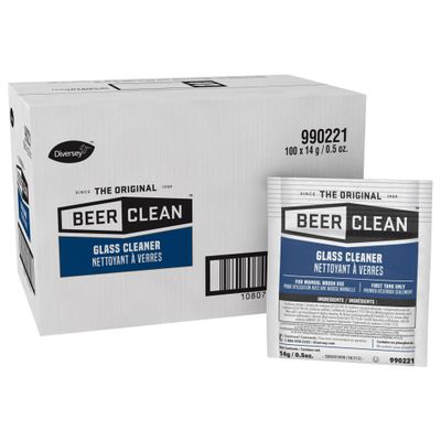 BEER CLEAN Diversey Bar Glass Cleaner, 0.5 oz Packets (100-Pack)  Concentrated Powdered Compound for Hot/Cold Water, Odorless Detergent, No Residue, Use for Manual Brush 3-Sink Systems, 990221