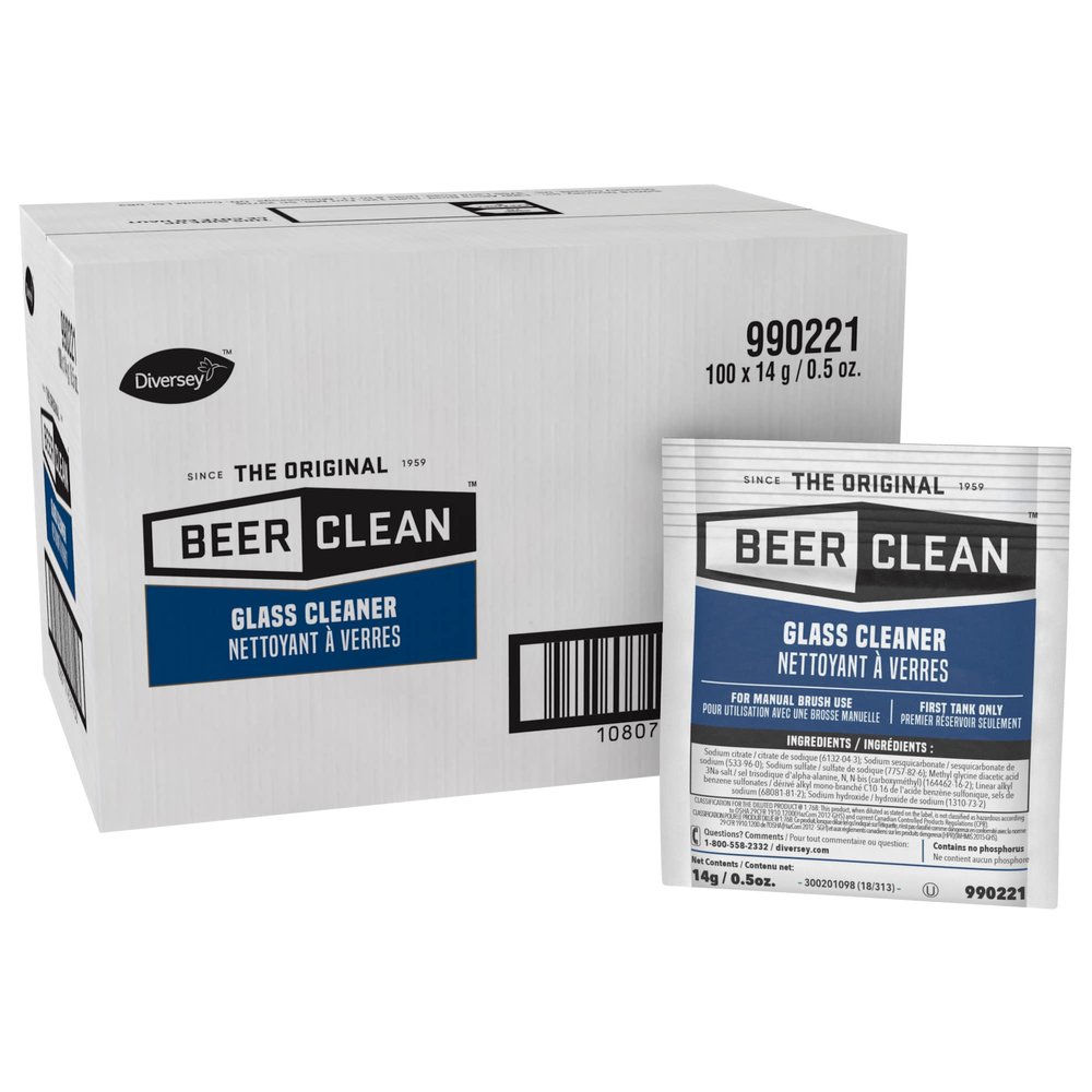BEER CLEAN Diversey Bar Glass Cleaner, 0.5 oz Packets (100-Pack)  Concentrated Powdered Compound for Hot/Cold Water, Odorless Detergent, No Residue, Use for Manual Brush 3-Sink Systems, 990221
