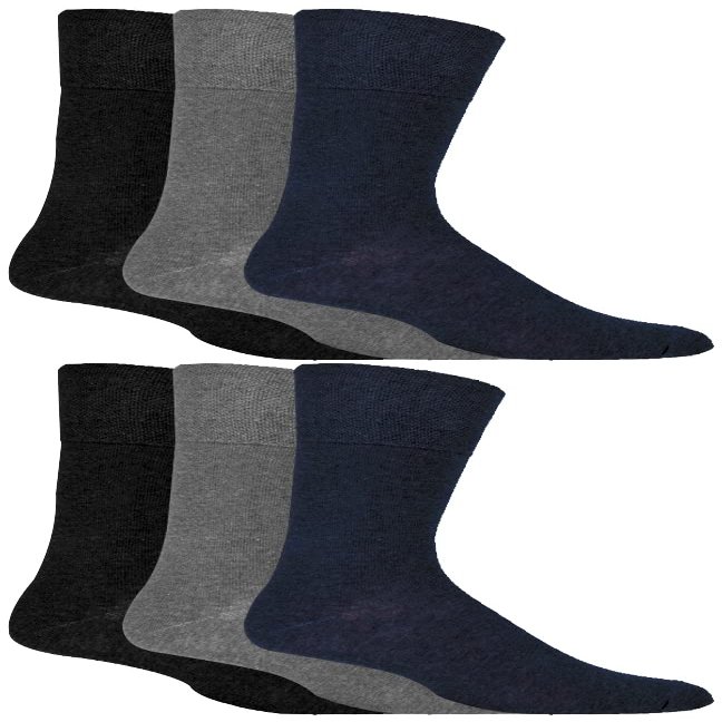 Gentle Grip - 6 Pair Pack Men's Loose Non Binding Diabetic Socks for Poor Circulation (Black/Navy/Grey) 7-12