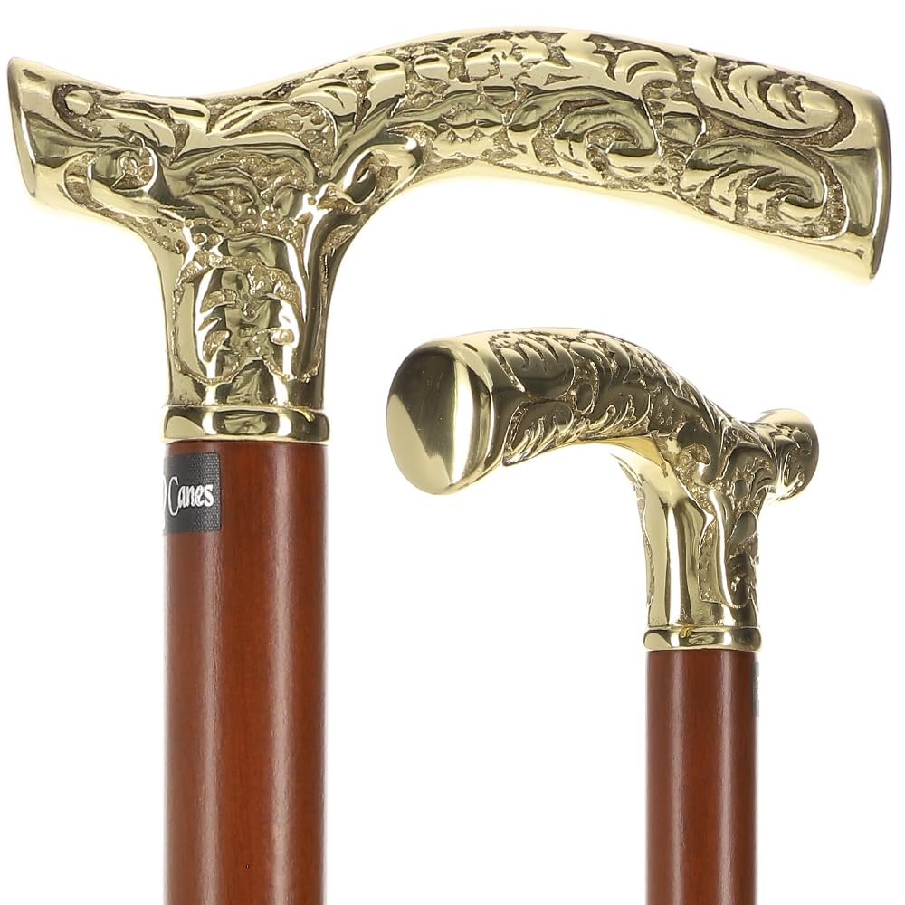 Premium Brass Fritz Handle Walking Cane Brown Beechwood Shaft Elegant Carved Brass Scroll Design Stylish Canes for Men and Canes for Women 38" Length 250 lb Capacity