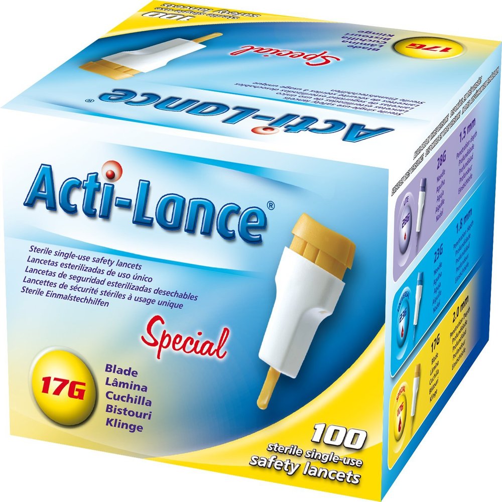 Acti-Lance 7157 17 g x 2.0 mm Depth, Button Activated Safety Lancet, Special, Yellow (Pack of 100)