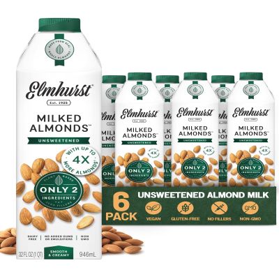 Elmhurst 1925 Unsweetened Almond Milk - 32 Ounce (Pack of 6) Dairy-Free, Vegan, Kosher, No Added Sugar, Shelf Stable Milk Made with Water & Almonds for Healthier, Simpler Plant-Based Alternatives