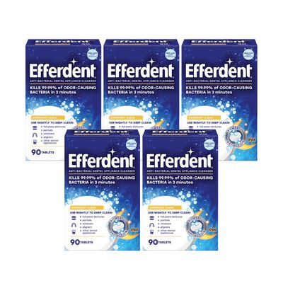 Efferdent PM Overnight Anti-Bacterial Denture Cleanser Tablets 90 ct (Pack of 5)
