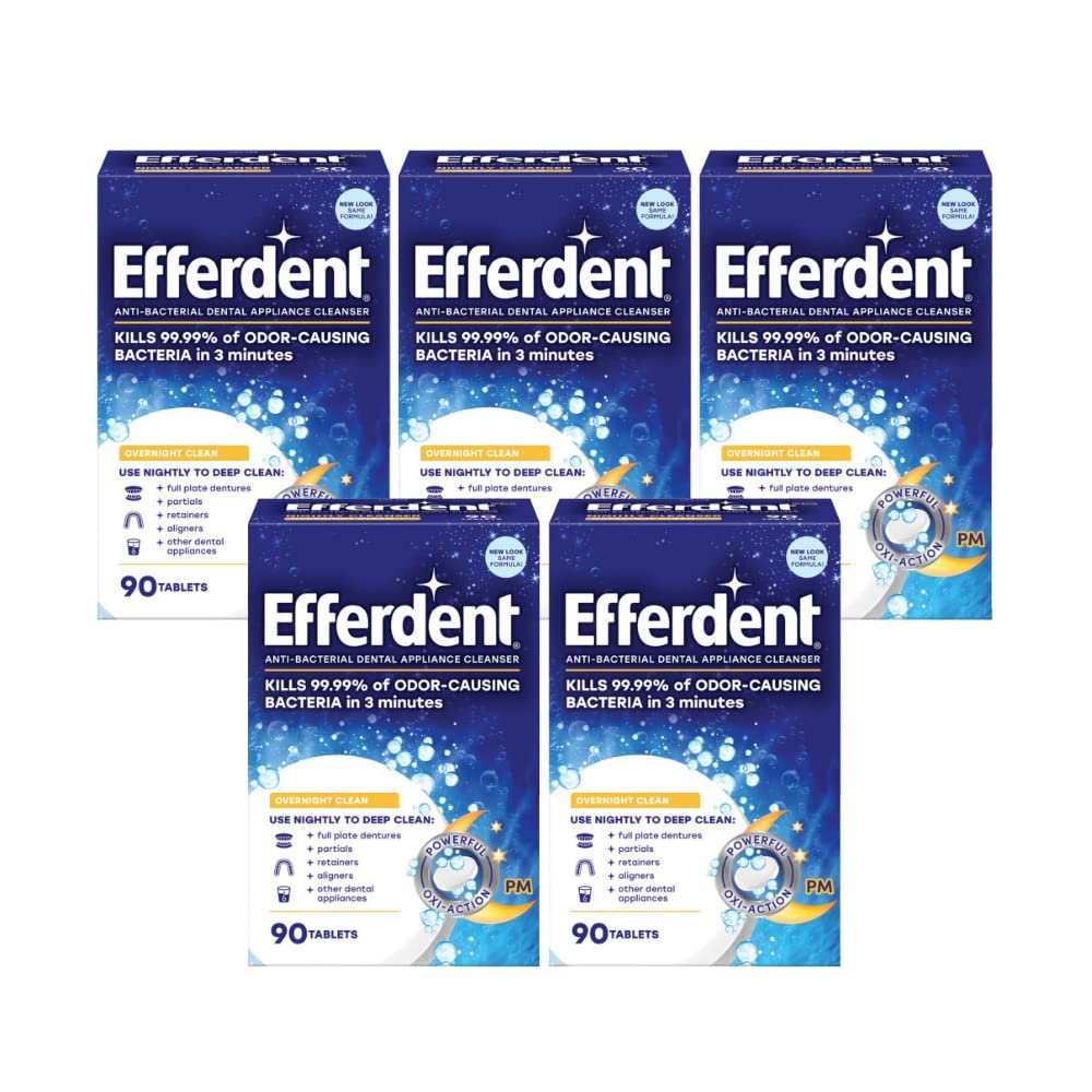 Efferdent PM Overnight Anti-Bacterial Denture Cleanser Tablets 90 ct (Pack of 5)