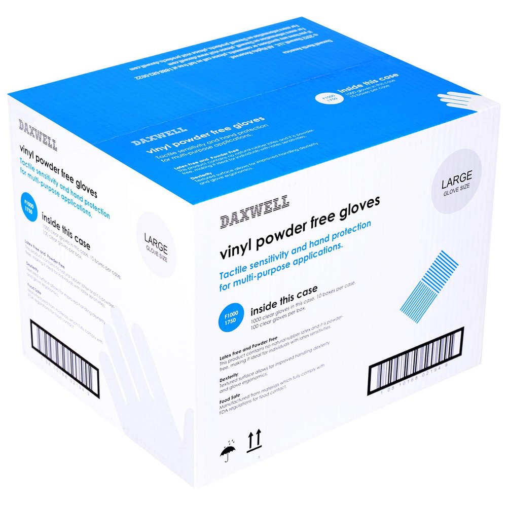 Daxwell Vinyl Gloves, Powder Free, Large, Clear, F10001750 (Case of 1,000, 10 Boxes of 100)