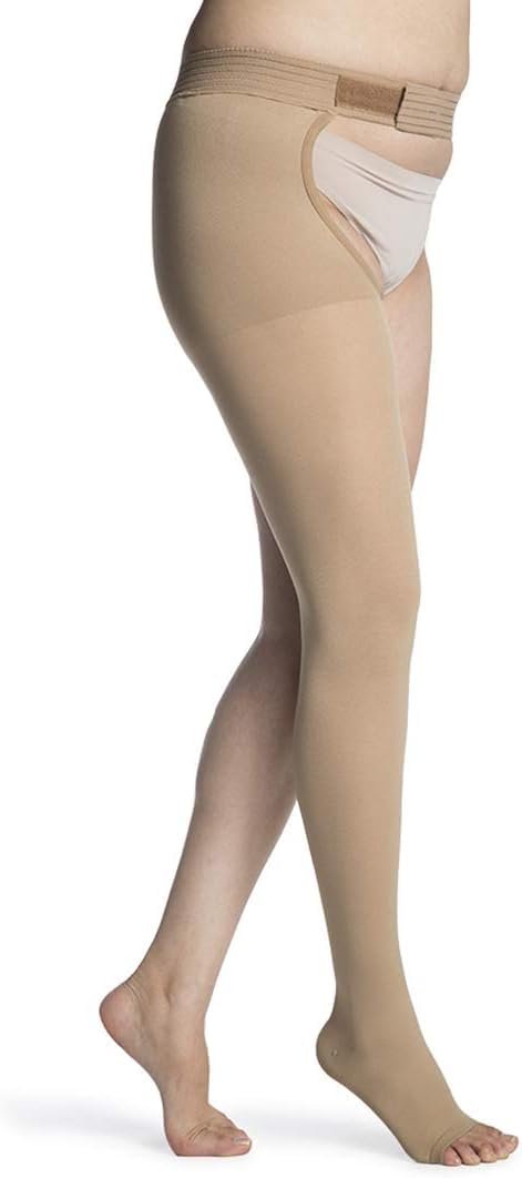 SIGVARIS Womens Essential Opaque 860 Open Toe Thigh-Highs w/Grip Top & Waist Attachment 20-30mmHg - Large Short Right - light beige (crispa)