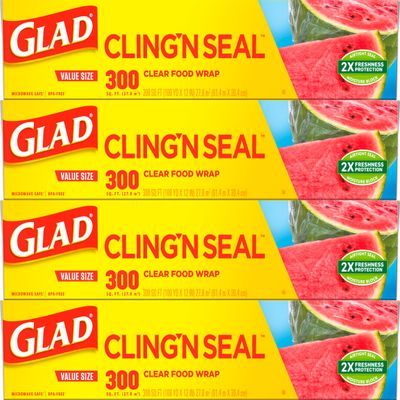 Glad Cling N Seal Plastic Wrap for Food, Airtight Seal, 300 Square Foot Roll (Pack of 4)