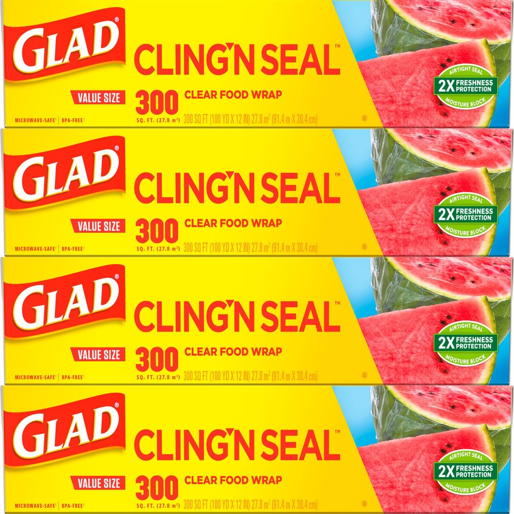 Glad Cling N Seal Plastic Wrap for Food, Airtight Seal, 300 Square Foot Roll (Pack of 4)